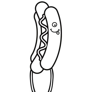 May include: A black and white line drawing of a hot dog with a smiling face and a tongue sticking out. The hot dog has legs and is wearing shoes.