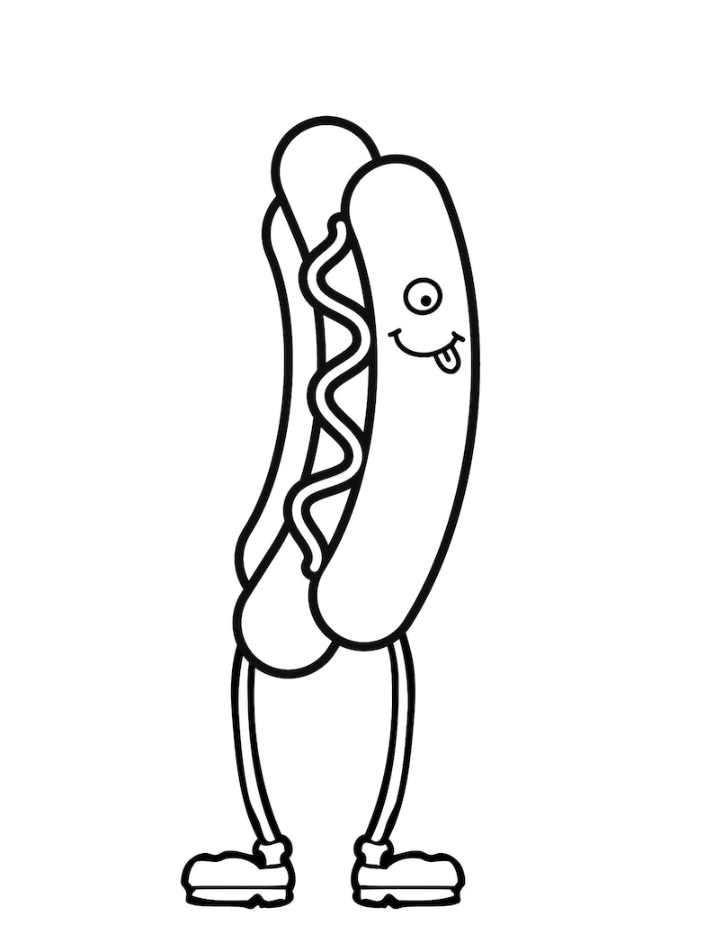 May include: A black and white line drawing of a hot dog with a smiling face and a tongue sticking out. The hot dog has legs and is wearing shoes.