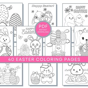 Pode incluir: Um conjunto de 40 p&aacute;ginas para colorir de P&aacute;scoa em preto e branco com coelhos, pintinhos, ovos e cestas. As p&aacute;ginas est&atilde;o prontas para download instant&acirc;neo.