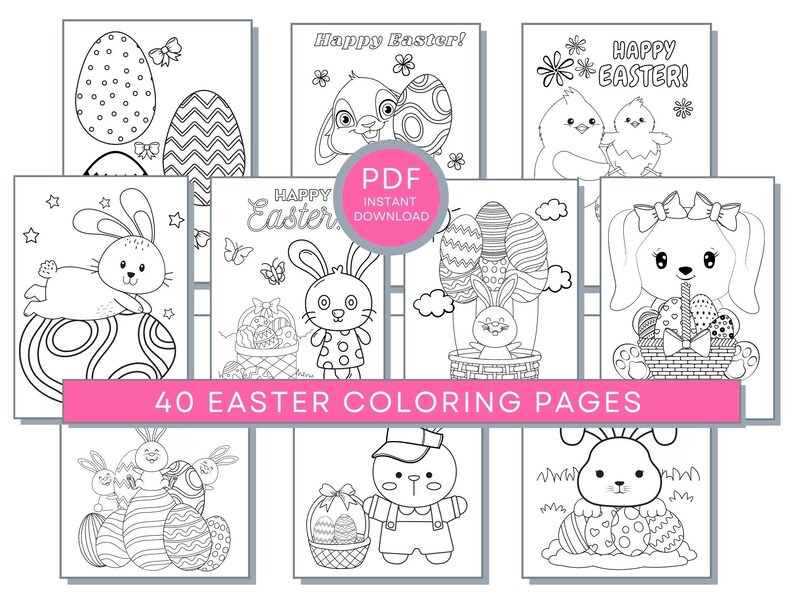 Pode incluir: Um conjunto de 40 p&aacute;ginas para colorir de P&aacute;scoa em preto e branco com coelhos, pintinhos, ovos e cestas. As p&aacute;ginas est&atilde;o prontas para download instant&acirc;neo.