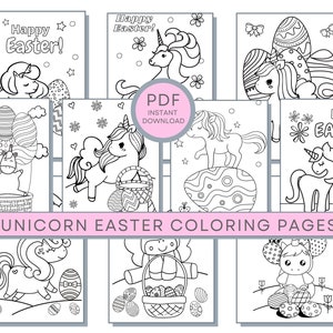 Pode incluir: Dez p&aacute;ginas para colorir em preto e branco com unic&oacute;rnios e ovos de P&aacute;scoa. As p&aacute;ginas incluem o texto "Feliz P&aacute;scoa!" e "10 p&aacute;ginas para colorir de unic&oacute;rnios de P&aacute;scoa".