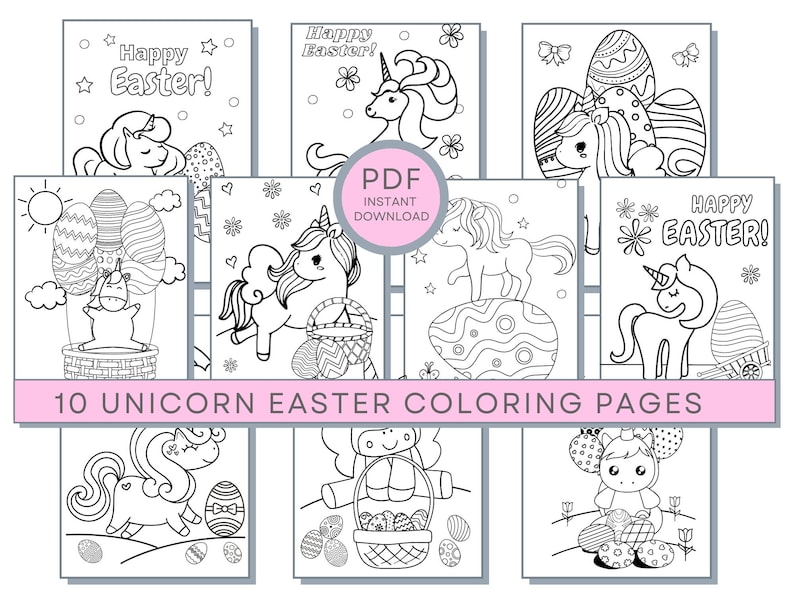 Pode incluir: Dez p&aacute;ginas para colorir em preto e branco com unic&oacute;rnios e ovos de P&aacute;scoa. As p&aacute;ginas incluem o texto "Feliz P&aacute;scoa!" e "10 p&aacute;ginas para colorir de unic&oacute;rnios de P&aacute;scoa".