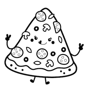 May include: A black and white line drawing of a pizza slice with a smiling face, two arms, and two legs. The pizza slice has pepperoni, mushrooms, and other toppings.