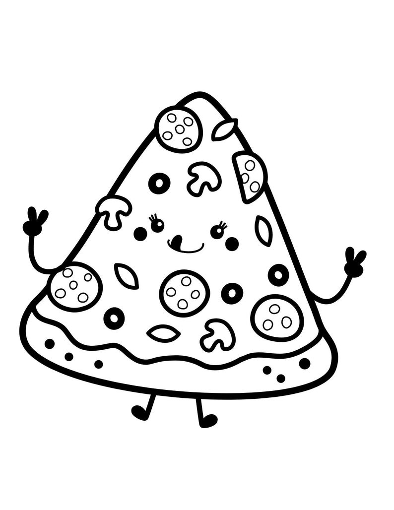 May include: A black and white line drawing of a pizza slice with a smiling face, two arms, and two legs. The pizza slice has pepperoni, mushrooms, and other toppings.