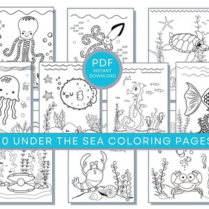 May include: Ten black and white coloring pages featuring various sea creatures, including an octopus, jellyfish, seahorse, pufferfish, turtle, crab, and fish. The text "10 Under The Sea Coloring Pages" is at the bottom of the image.