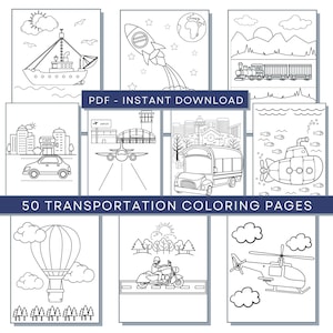 Transportation Coloring Pages, Bundle of 50, Boys Coloring, Ship Coloring, Train Coloring, Space Coloring, Car Coloring, Airplane Coloring