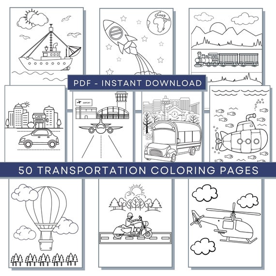 Transportation Coloring Pages, Bundle of 50, Boys Coloring, Ship Coloring, Train Coloring, Space Coloring, Car Coloring, Airplane Coloring