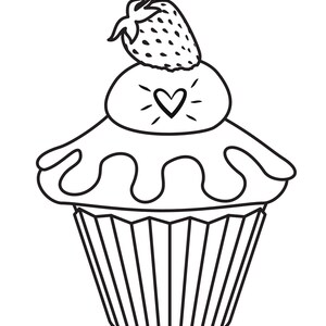May include: A black and white line drawing of a cupcake with a strawberry on top. The cupcake has a heart on the frosting and a swirl design.