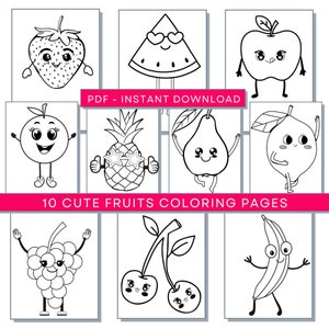 Cute Fruit Coloring Pages, Kawaii Food Printable, Funny Fruits Coloring Page, Funny Food Coloring Page, Cute Food Coloring, Kawaii Fruit image 1