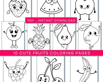 Lindas páginas para colorear de frutas, comida Kawaii imprimible, página para colorear de frutas divertidas, página para colorear de comida divertida, colorante de comida lindo, fruta Kawaii