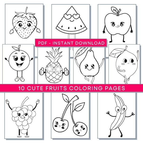 Cute Fruit Coloring Pages, Kawaii Food Printable, Funny Fruits Coloring Page, Funny Food Coloring Page, Cute Food Coloring, Kawaii Fruit