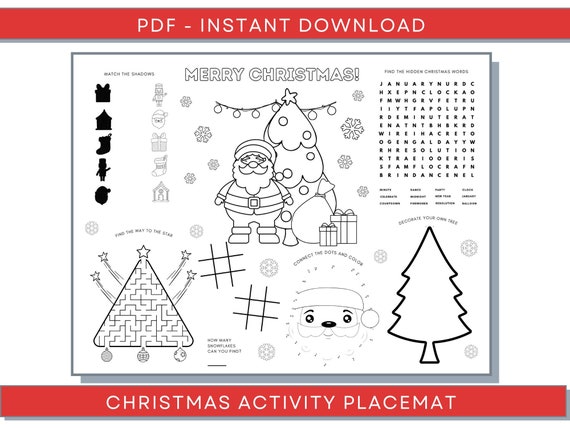 Christmas Placemat, Christmas Coloring Pages, Christmas Digital Placemat, Christmas Games, Christmas Activities, Christmas Printables