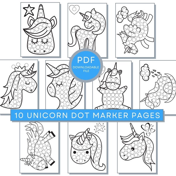 Unicorn Dot Marker Coloring Pages: Printable PDF Coloring Activity Pages For Kids, Unicorn Dot Coloring Pages, Unicorn Do a Dot Painting