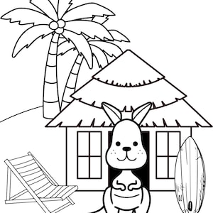 Peut inclure: Un dessin au trait noir et blanc d'un kangourou debout devant une hutte au toit de chaume avec un palmier, une chaise longue et une planche de surf.