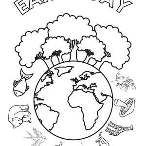 May include: A black and white illustration of Earth Day with a globe surrounded by trees, a fish, a bear, a bird, a flower, a mushroom, a kangaroo, and a giraffe. The text "EARTH DAY" is at the top of the image.