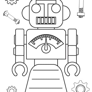 May include: A black and white line drawing of a robot with a gauge on its chest, two antennas, and two arms with hands. The robot is surrounded by gears and bolts.