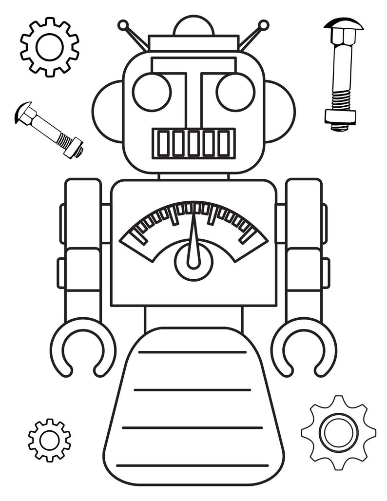 May include: A black and white line drawing of a robot with a gauge on its chest, two antennas, and two arms with hands. The robot is surrounded by gears and bolts.