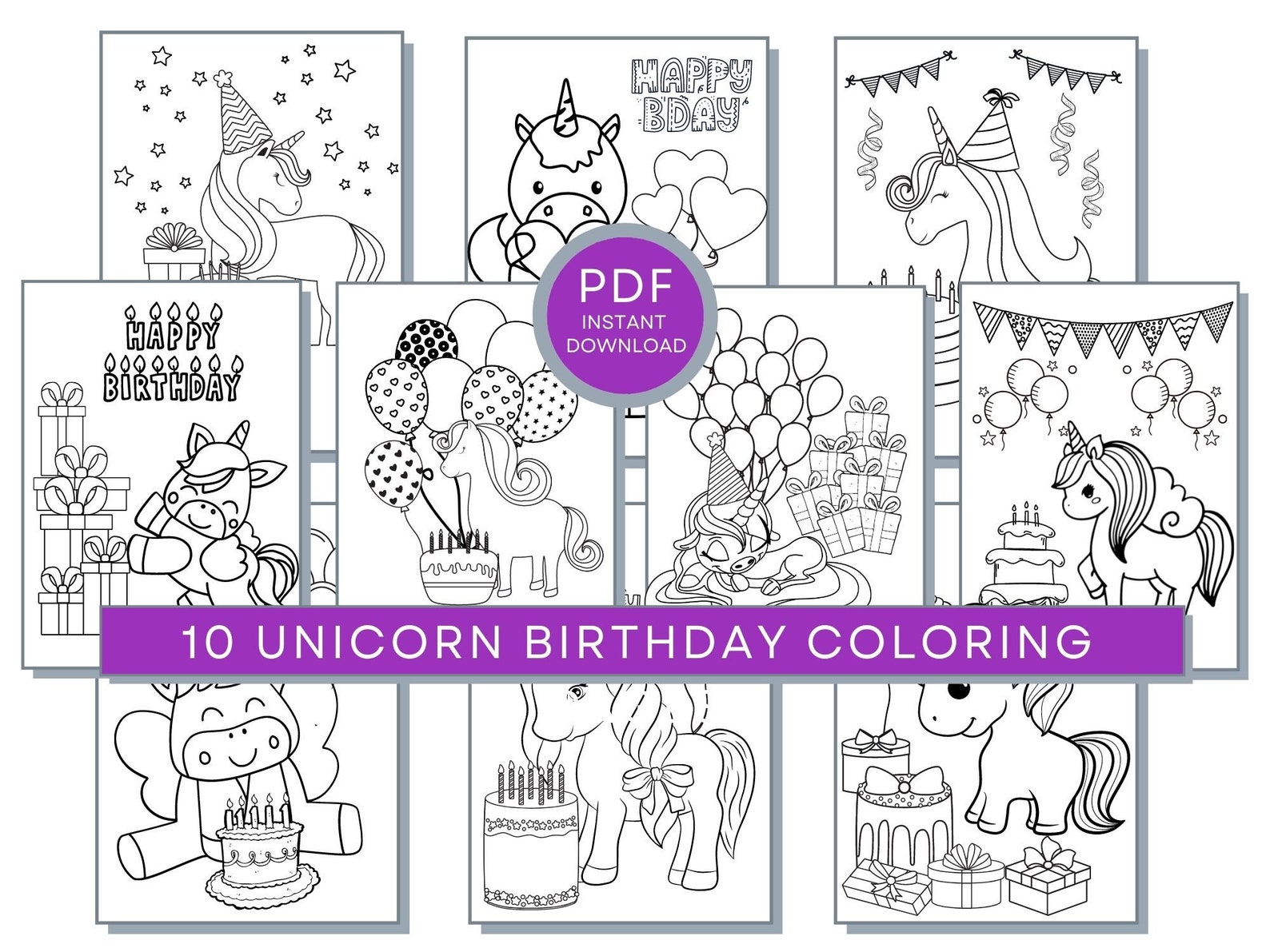 Unicorn Birthday Coloring Pages, Unicorn Birthday Printables, Unicorn ...