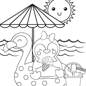 Peut inclure: Une illustration en noir et blanc d'un pingouin portant un n&oelig;ud papillon et assis sur un flamant rose gonflable &agrave; pois. Le pingouin tient un cornet de glace. Il y a un parasol de plage, un seau et une pelle en arri&egrave;re-plan.