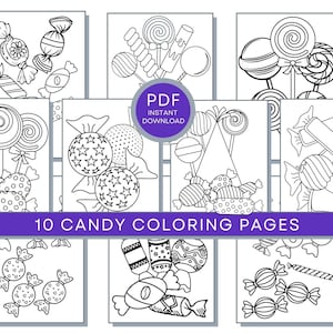 Könnte beinhalten: Zehn Schwarzweiß-Malvorlagen mit verschiedenen Süßwaren-Designs, darunter Lutscher, Zuckerstangen und verpackte Süßigkeiten. Der Text "10 CANDY COLORING PAGES" ist in Lila am unteren Rand des Bildes gedruckt.