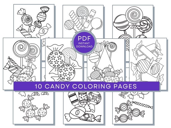 Candy Coloring Pages For Kids, 10 Printable Candy Coloring Sheets, Lollipops Coloring, Candy Coloring Book, Candy PDF, Candy Activity Pages