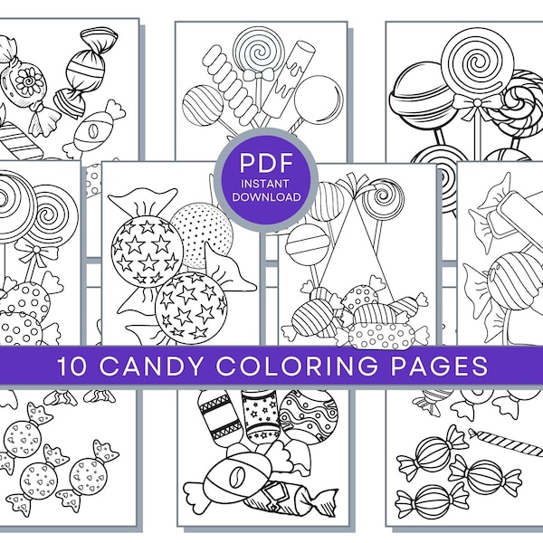 Candy Coloring Pages For Kids, 10 Printable Candy Coloring Sheets, Lollipops Coloring, Candy Coloring Book, Candy PDF, Candy Activity Pages