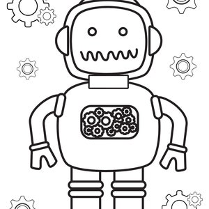 May include: A black and white line drawing of a robot with gears in its chest. The robot has a round head with a single antenna and a wide smile. The robot is surrounded by gears.