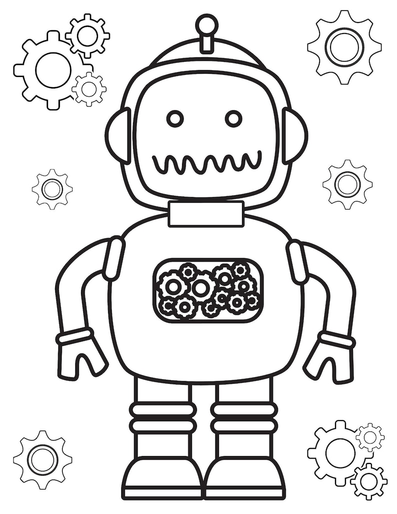 May include: A black and white line drawing of a robot with gears in its chest. The robot has a round head with a single antenna and a wide smile. The robot is surrounded by gears.