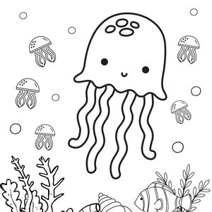 May include: A black and white line drawing of a jellyfish with a smiling face, surrounded by smaller jellyfish and seaweed. There is a seashell and a fish at the bottom of the image.
