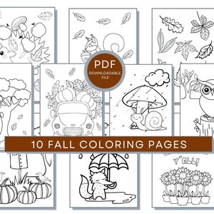 Könnte beinhalten: Eine Sammlung von zehn Malvorlagen zum Thema Herbst. Die Seiten zeigen verschiedene Herbstillustrationen, darunter ein Igel mit Äpfeln, ein Eichhörnchen mit Eicheln, Blätter, ein Hase, ein LKW mit Kürbissen, eine Schnecke unter einem Pilz, eine Eule, Kürbisse, ein Fuchs mit einem Regenschirm und Sonnenblumen. Der Text "PDF Downloadable File" und "10 Fall Coloring Pages" sind ebenfalls sichtbar.