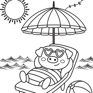 Peut inclure: Un dessin au trait noir et blanc d'un cochon portant des lunettes en forme de c&oelig;ur et se relaxant sur une chaise longue sous un parasol. Le cochon tient un ballon de plage. Il y a un soleil et un cerf-volant en arri&egrave;re-plan.