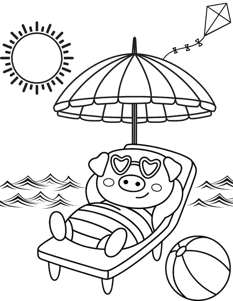 Peut inclure: Un dessin au trait noir et blanc d'un cochon portant des lunettes en forme de c&oelig;ur et se relaxant sur une chaise longue sous un parasol. Le cochon tient un ballon de plage. Il y a un soleil et un cerf-volant en arri&egrave;re-plan.