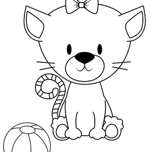 May include: A black and white cartoon illustration of a cat with a bow on its head, sitting next to a ball. The cat has whiskers and a curled tail. The ball has stripes.