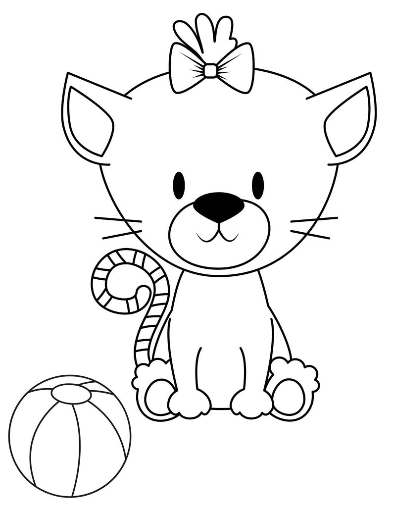 May include: A black and white cartoon illustration of a cat with a bow on its head, sitting next to a ball. The cat has whiskers and a curled tail. The ball has stripes.
