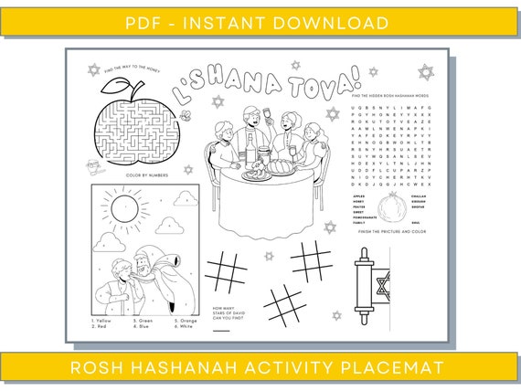 Rosh Hashanah Placemat, Rosh Hashanah Activity Placemat, Rosh Hashanah Coloring Placemat, Rosh Hashanah Digital Placemat