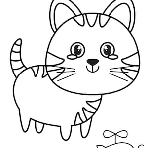 May include: Black and white line art illustration of a cartoon cat with stripes and a small mouse toy. The cat has large eyes, whiskers, and a smiling face. The mouse has a wind-up key.