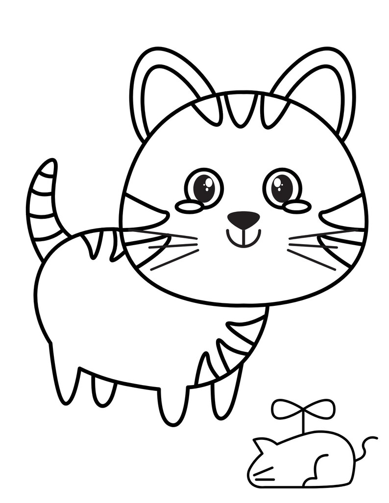 May include: Black and white line art illustration of a cartoon cat with stripes and a small mouse toy. The cat has large eyes, whiskers, and a smiling face. The mouse has a wind-up key.