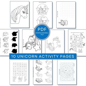 Unicorn Activity Pages, Printable Coloring, Mazes, Word Searches, Color By Numbers, Find the Shadow, Copy the Picture & Connect The Dots