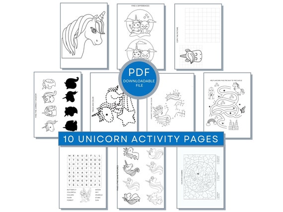 Unicorn Activity Pages, Printable Coloring, Mazes, Word Searches, Color By Numbers, Find the Shadow, Copy the Picture & Connect The Dots