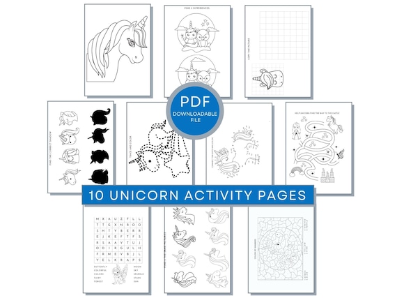 Unicorn Activity Pages, Printable Coloring, Mazes, Word Searches, Color By Numbers, Find the Shadow, Copy the Picture & Connect The Dots