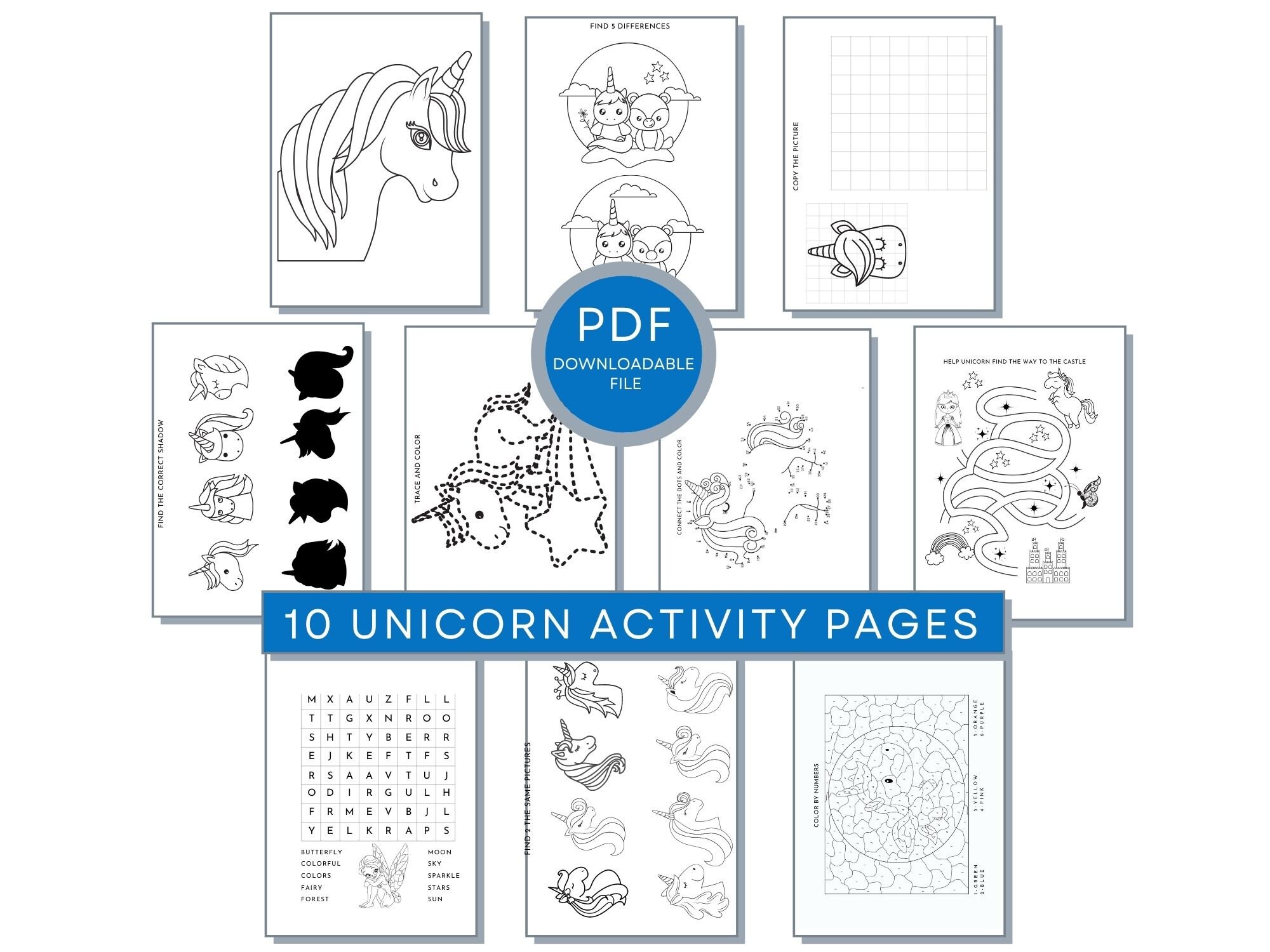 unicorn activity pages 10 printable coloring mazes word etsy