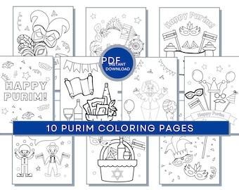 Purim Coloring Pages, Purim Printables, Jewish Coloring Pages, Jewish Holiday Coloring Pages, Mishloach Manot, Happy Purim Coloring PDF