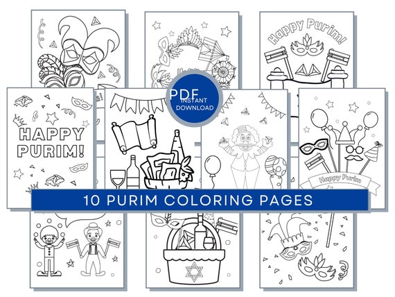 Purim Coloring Pages, Purim Printables, Jewish Coloring Pages, Jewish Holiday Coloring Pages, Mishloach Manot, Happy Purim Coloring PDF