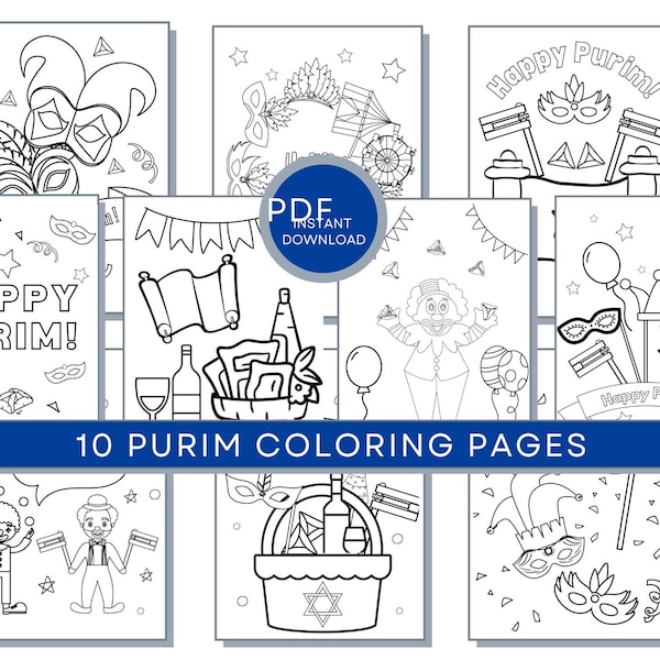 Purim Coloring Pages, Purim Printables, Jewish Coloring Pages, Jewish Holiday Coloring Pages, Mishloach Manot, Happy Purim Coloring PDF