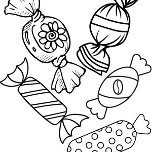 May include: Five black and white candy illustrations. The candies are wrapped in different patterns, including stripes, polka dots, and a flower design.