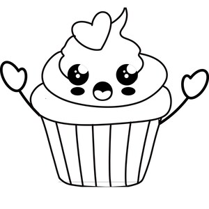 May include: A black and white line drawing of a cartoon cupcake with a heart on top of the frosting. The cupcake has big eyes and a surprised expression. It has two small arms with hands shaped like hearts.