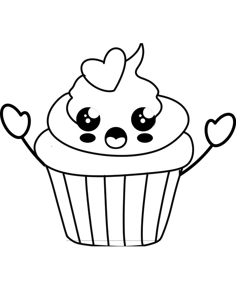 May include: A black and white line drawing of a cartoon cupcake with a heart on top of the frosting. The cupcake has big eyes and a surprised expression. It has two small arms with hands shaped like hearts.