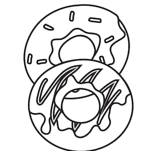 May include: A black and white line drawing of two donuts. The top donut has sprinkles and the bottom donut has a swirl of icing.