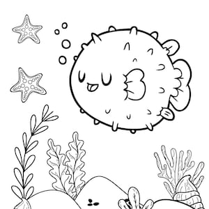 May include: A black and white line drawing of a pufferfish with a happy expression, surrounded by seaweed, starfish, and bubbles. The fish is swimming in the ocean.
