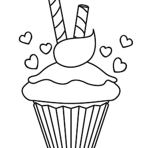 May include: A black and white line drawing of a cupcake with two striped straws sticking out of the top. The cupcake has a swirl of frosting and is surrounded by hearts.